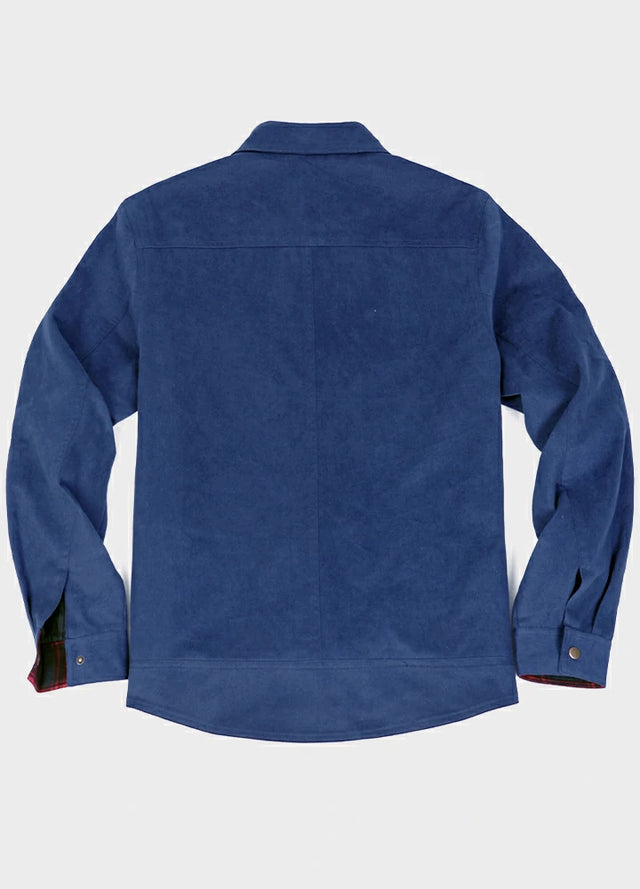 Back view of the blue men's warm flannel lined shirt jacket