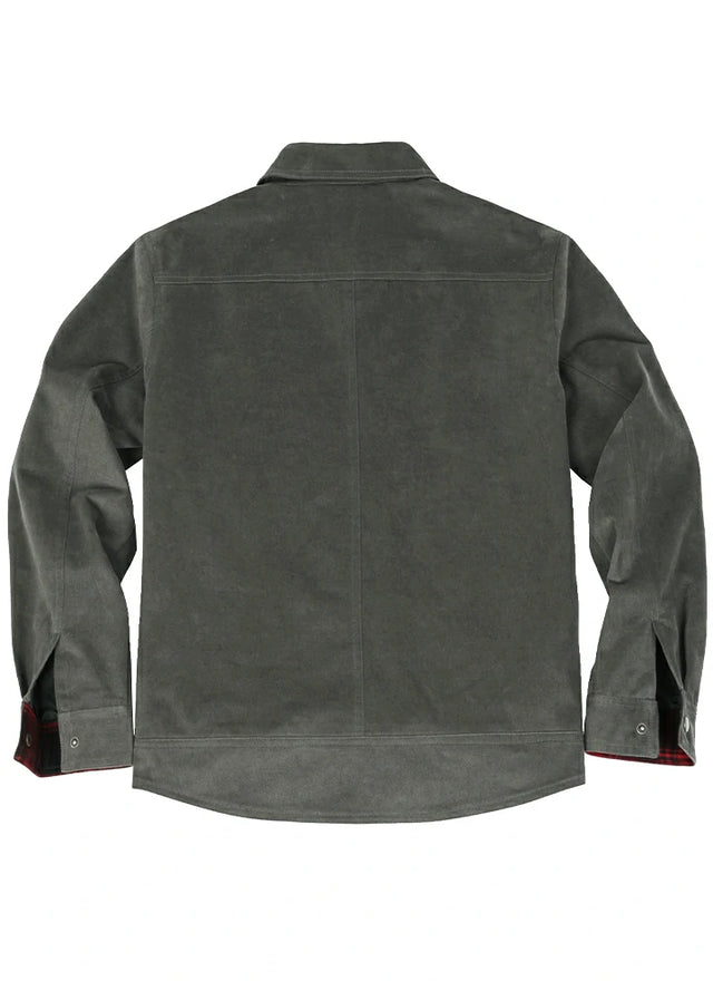 Back view of a men's gray cozy flannel lined shacket