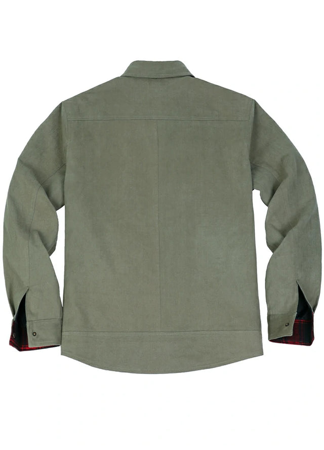 Back view of the light green men's casual flannel lined plaid jacket