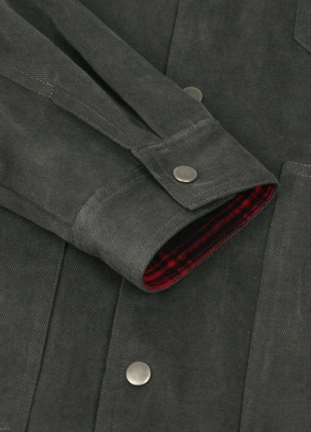 Close-up of the cuff of the gray men's cozy flannel lined shacket