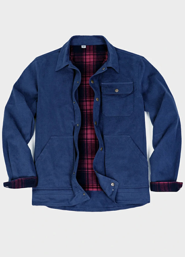 Front view of the blue men's warm flannel lined shirt jacket