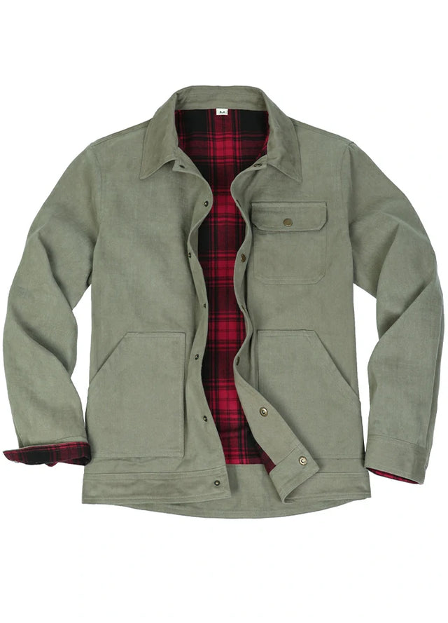 Front view of the light green men's casual flannel lined plaid jacket