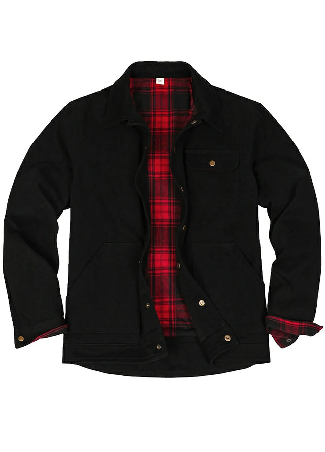 Front view of the black men's breezy casual flannel lined shirt jacket