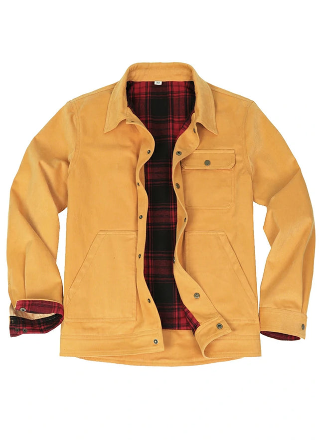 Front view of the yellow men's casual flannel lined jacket