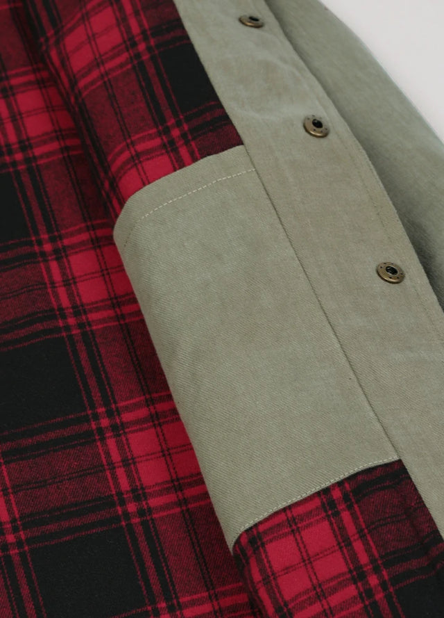 Close-up of the inner pocket of light green men's casual flannel plaid jacket