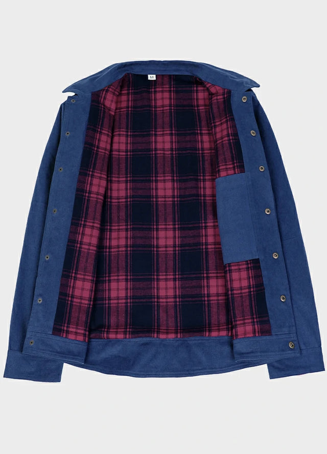 Front view of the lining of a man's blue warm flannel lined shirt jacket