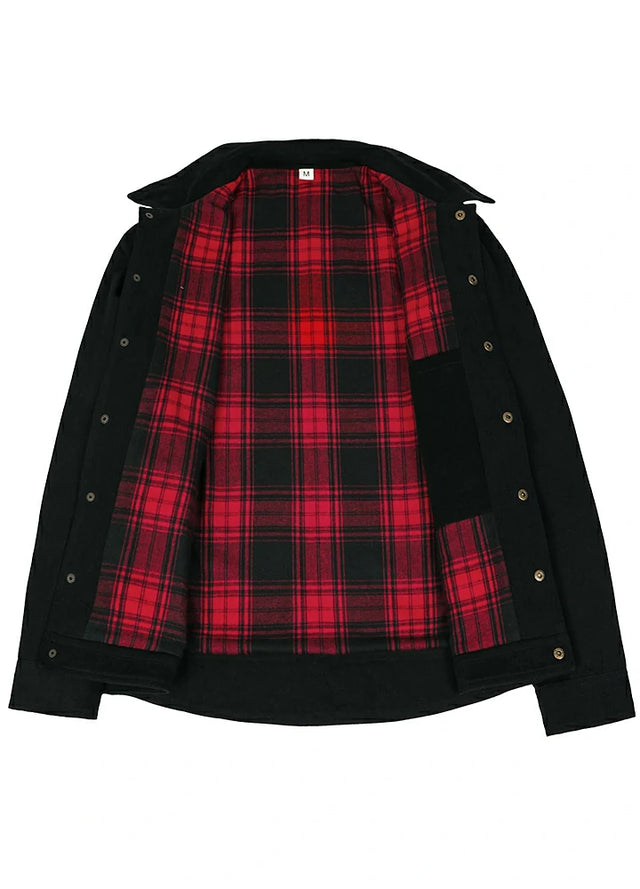 Front view of the lining of the black men's breezy casual flannel lined shirt jacket