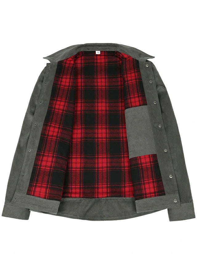 Front view of the lining of a man's gray cozy flannel lined shacket