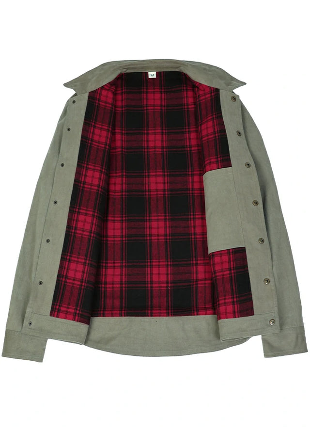 Front view of the lining of the light green men's casual flannel lined plaid jacket