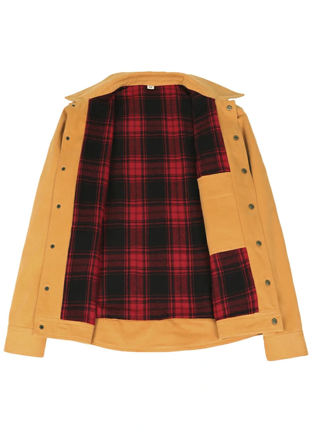 Front view of the lining of the yellow men's casual flannel lined jacket