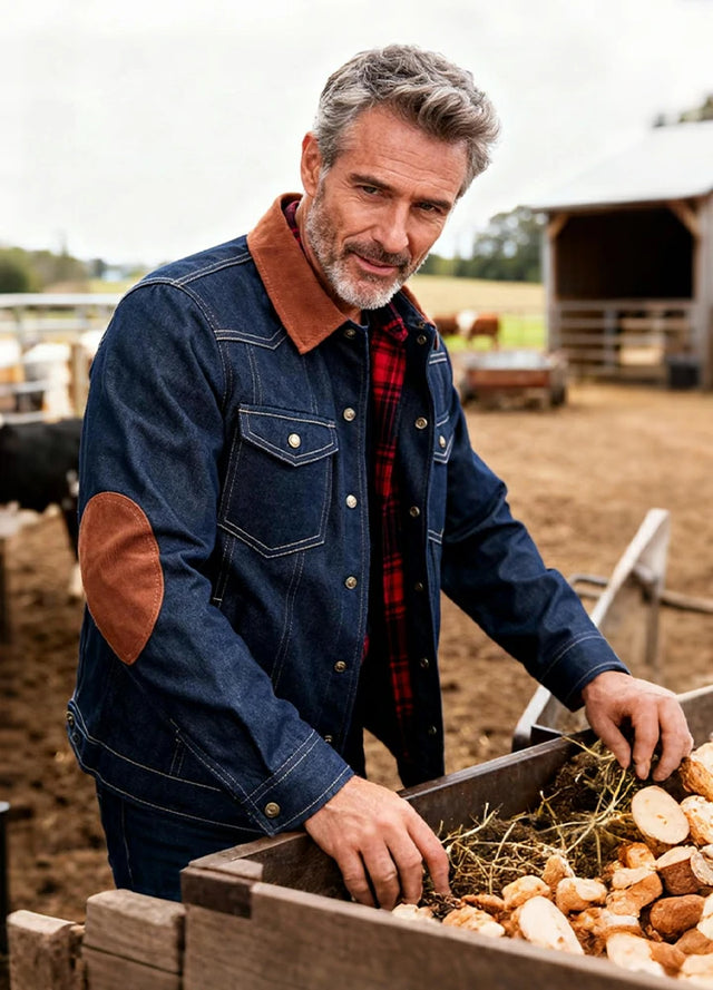 Front view of woman in a dark blue denim flannel men's shirt jacket leaning against the wall