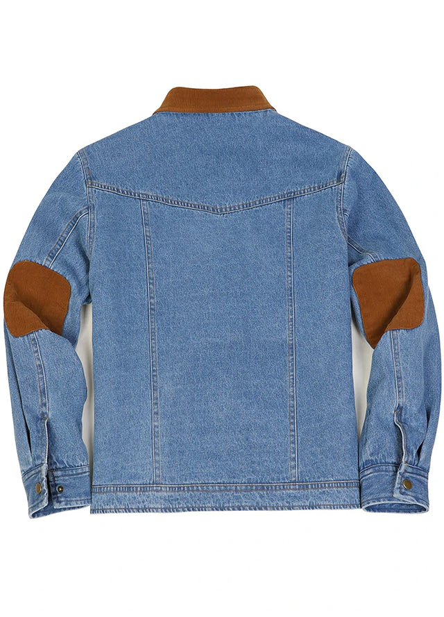 Back view of a blue men's cozy flannel lined denim shacket
