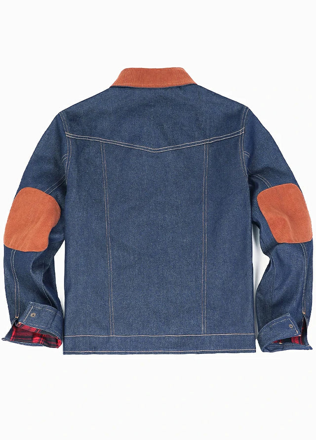 Back view of a dark blue men's denim flannel lined shirt jacket