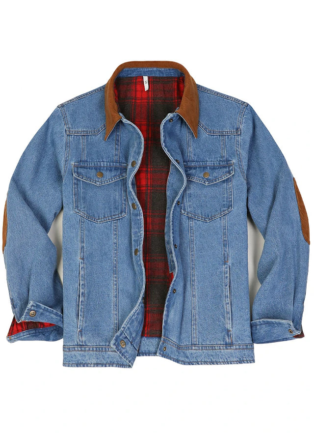 Front view of a blue men's flannel lined denim shacket