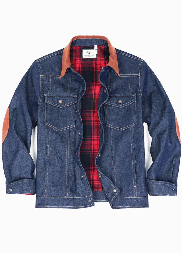 Front view of a dark blue denim flannel men's shirt jacket