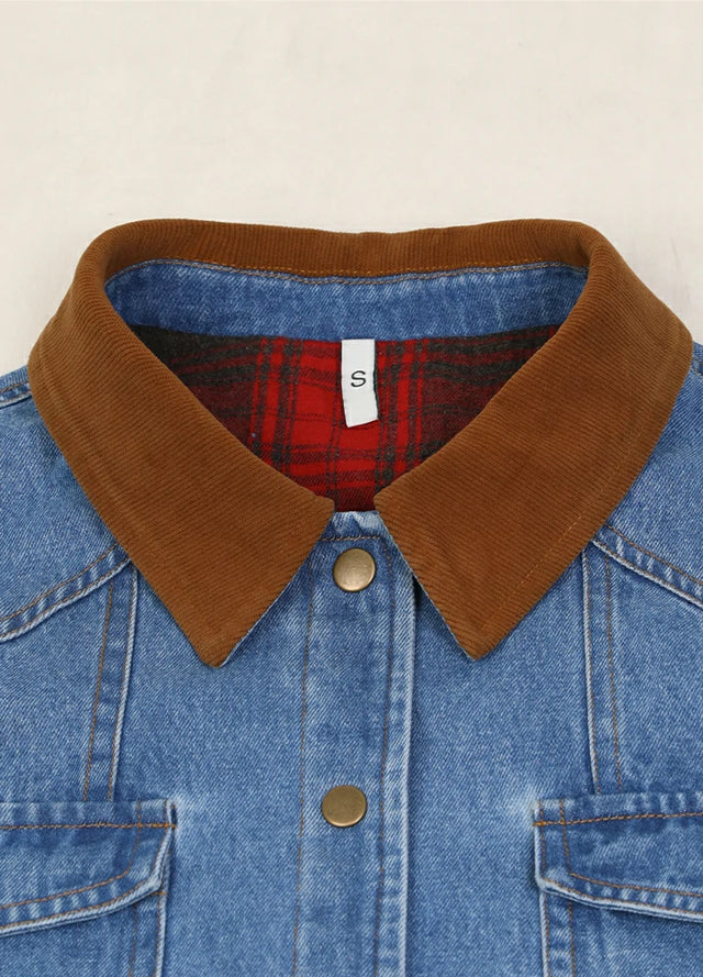 Close-up of the lapel of the blue men's cozy flannel lined denim shacket