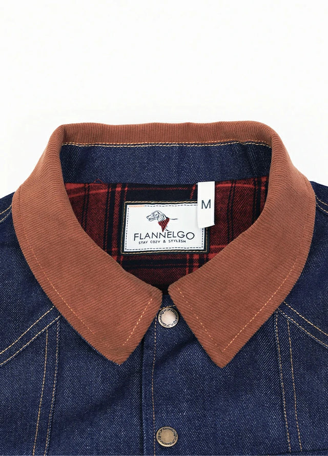 Close-up of the lapel of a dark blue men's denim flannel lined shirt jacket