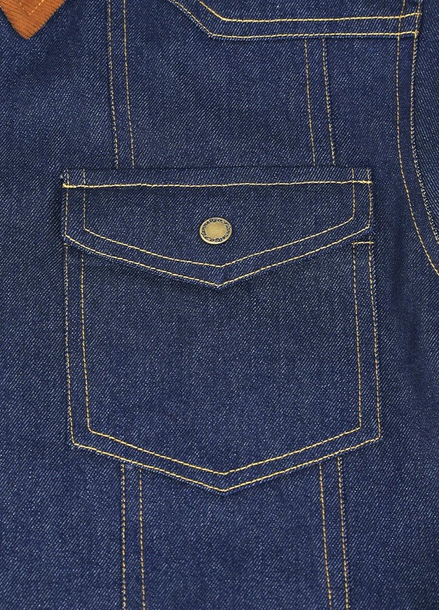 Close-up of the pocket of a dark blue men's denim flannel lined shirt jacket