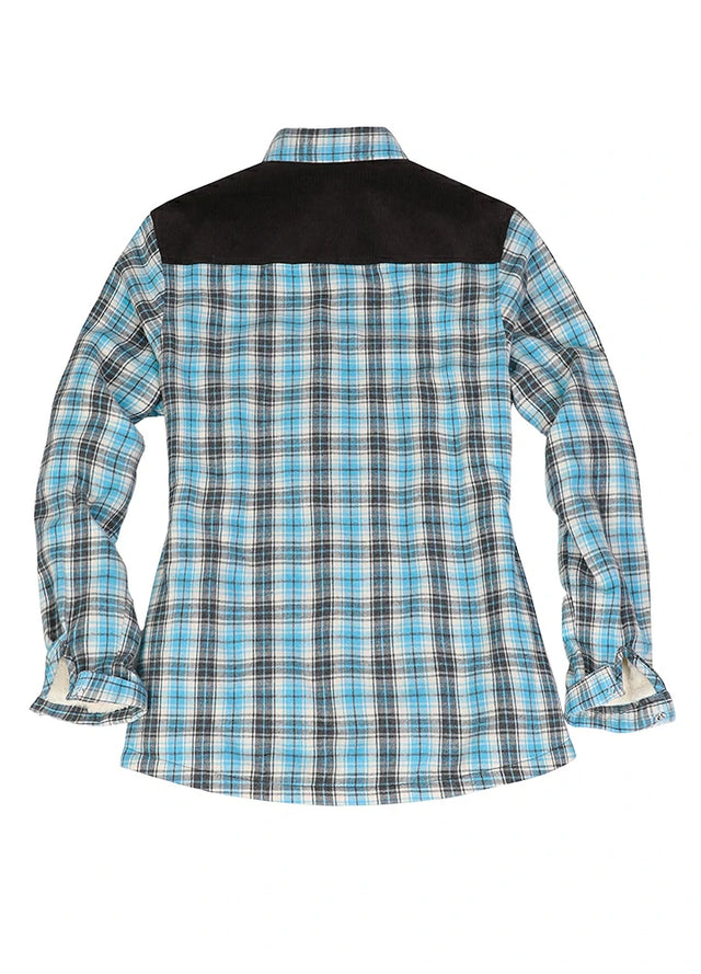 Back view of a women's blue white flannel shacket with corduroy shoulder