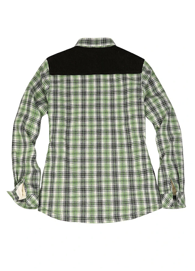 Back view of a women's green gray flannel shacket with corduroy shoulder