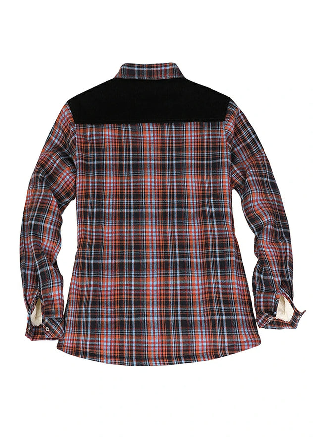Back view of a women's orange black flannel shacket with corduroy shoulder