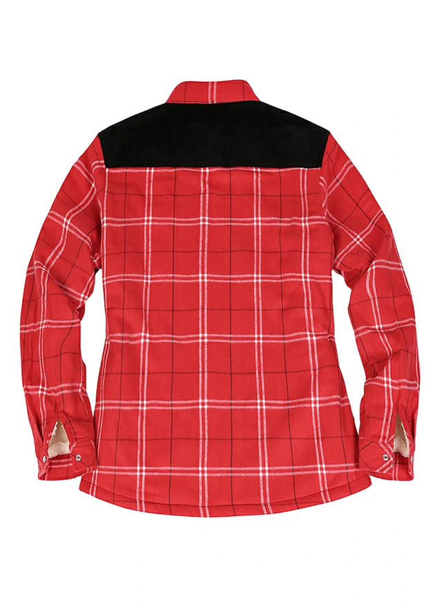 Back view of a women's red flannel shacket with corduroy shoulder