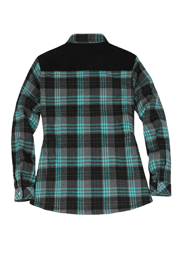 Back view of a women's turquoise gray flannel shacket with corduroy shoulder