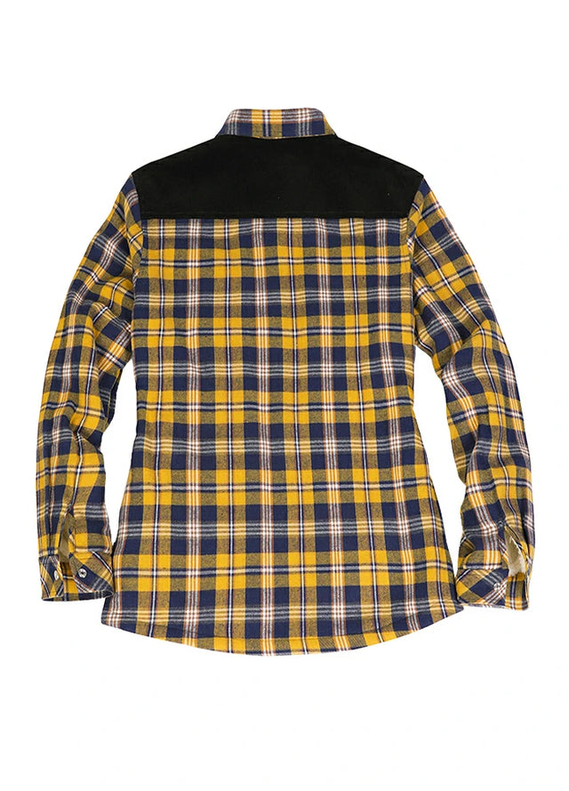 Back view of a women's yellow blue flannel shacket with corduroy shoulder