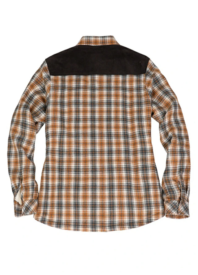 Back view of a women's orange gray flannel shacket with corduroy shoulder