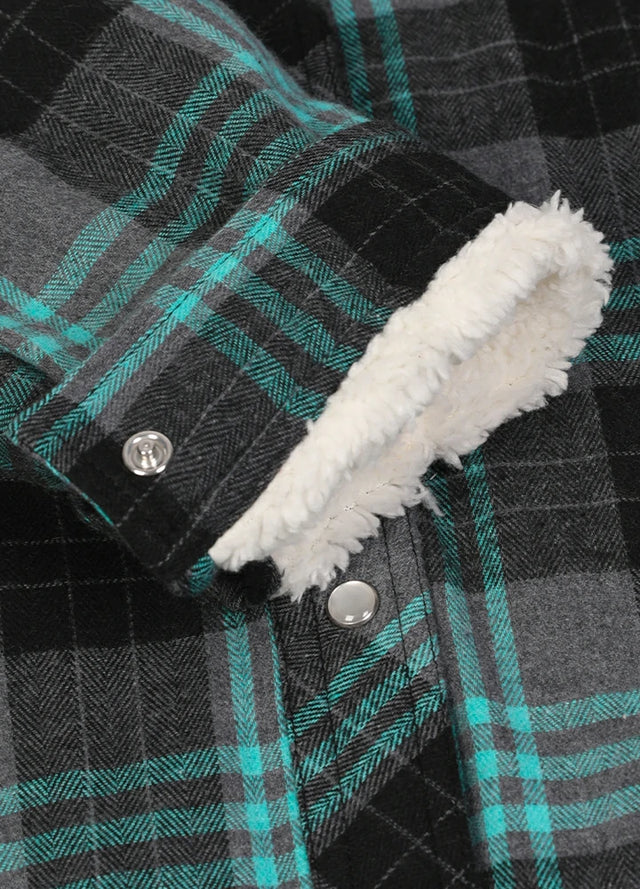 Close-up of women's sherpa-lined turquoise gray plaid flannel shirt jacket collar