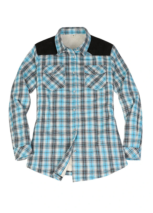 Front view of a women's western blue white sherpa-lined flannel shirt jacket
