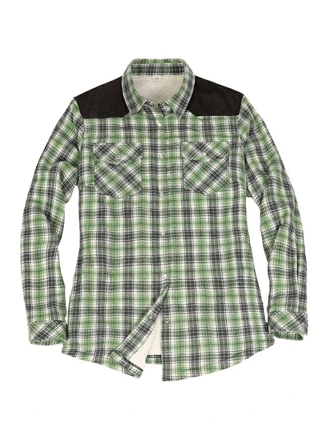 Front view of a women's western green gray sherpa-lined flannel shirt jacket