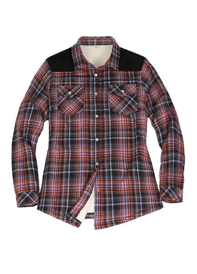 Front view of a women's western orange black sherpa-lined flannel shirt jacket