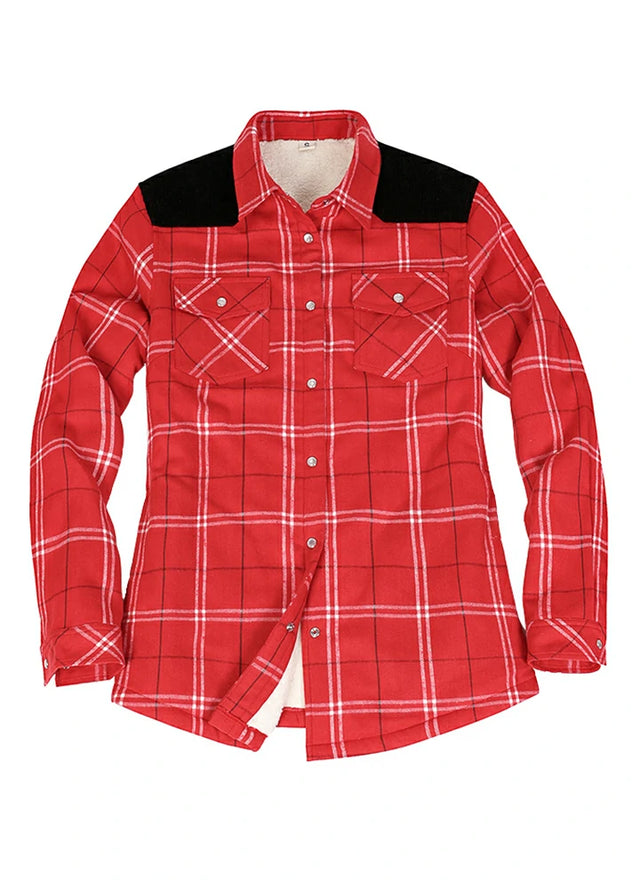 Front view of a women's western red sherpa-lined flannel shirt jacket
