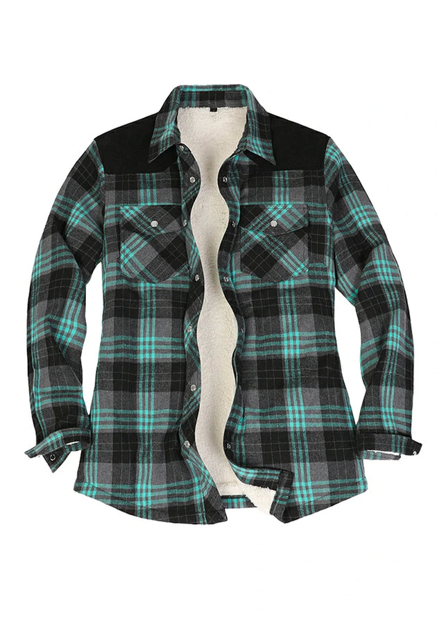 Front view of a women's western turquoise gray sherpa-lined flannel shirt jacket