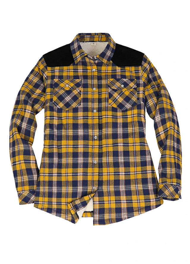Front view of a women's western yellow blue sherpa-lined flannel shirt jacket