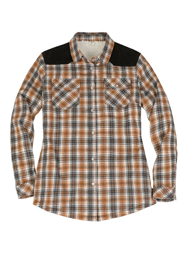 Front view of a women's western orange gray sherpa-lined flannel shirt jacket