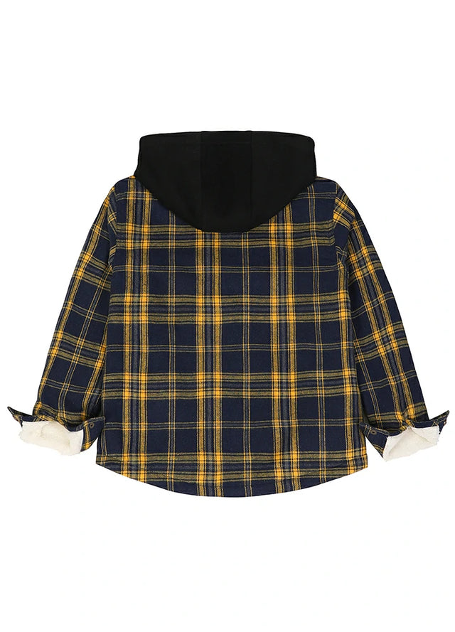 Back view of kids black yellow fleece-lined snap hooded flannel plaid jacket