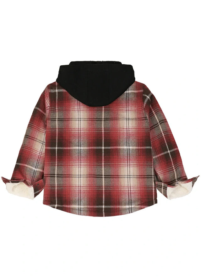 Back view of kids red grey fleece-lined snap hooded flannel plaid jacket