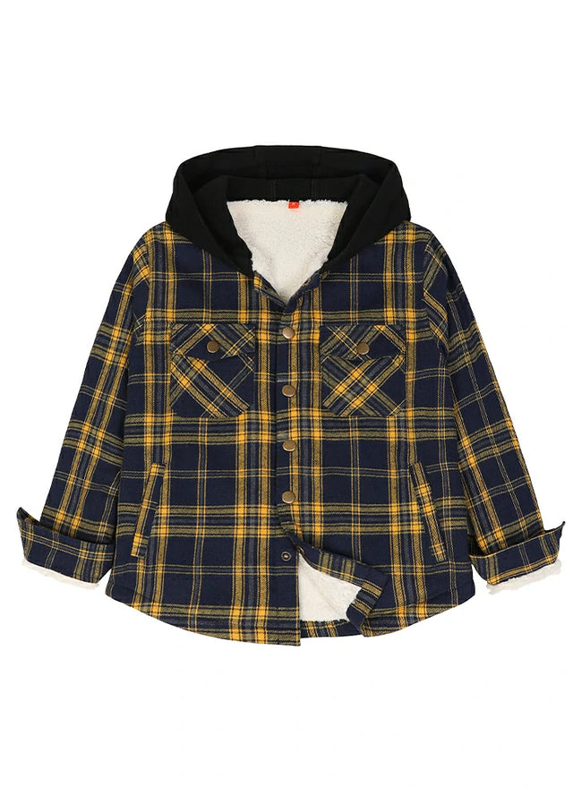 Front view of boys and girls black yellow fleece-lined snap flannel jacket