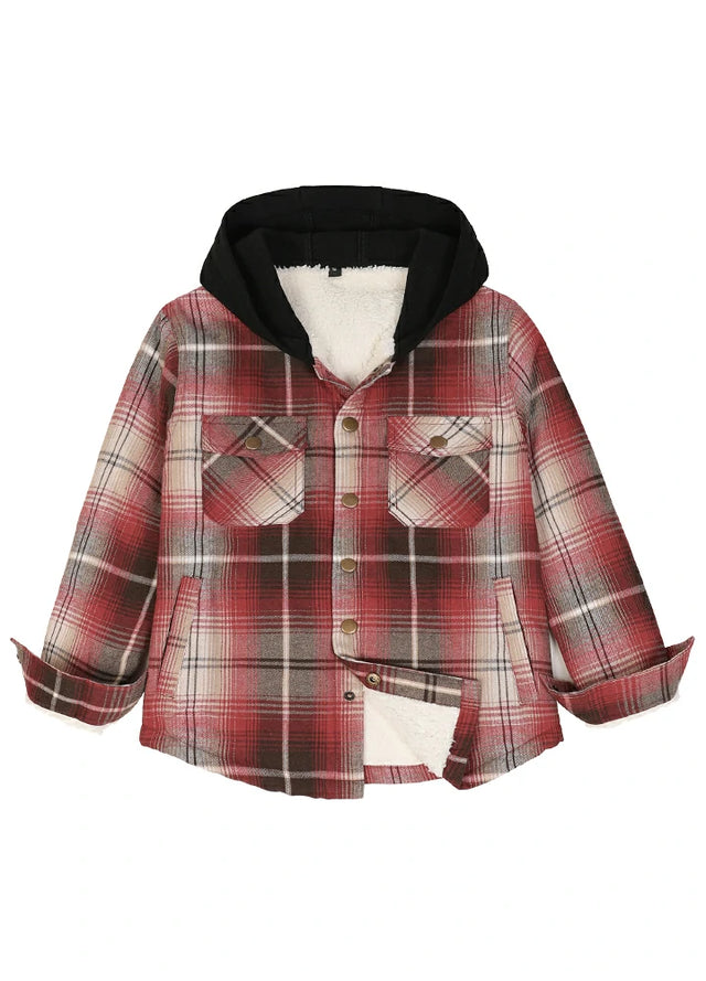 Front view of kids fleece-lined red grey flannel jacket