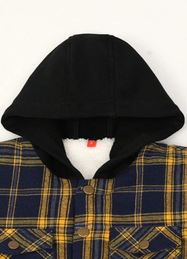 Detail of boys and girls fleece-lined snap black yellow flannel jacket with cozy hood