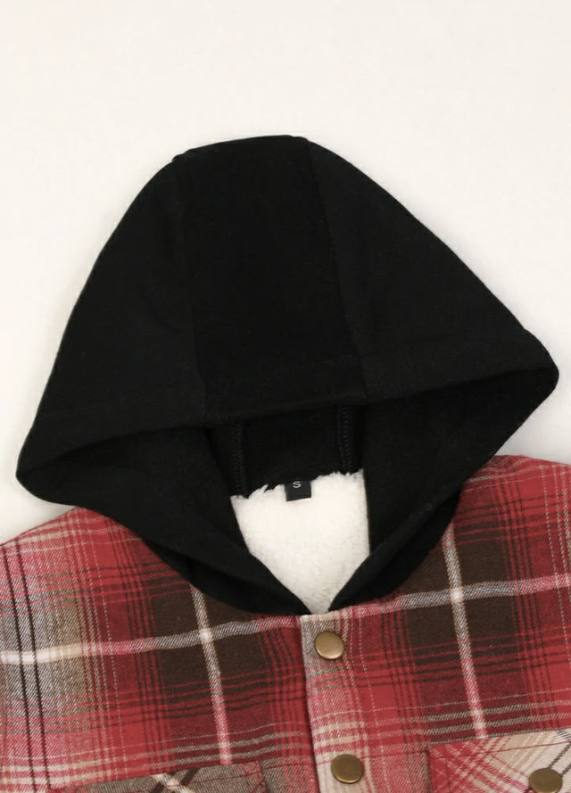 Detail of boys and girls red grey flannel jacket with cozy hood