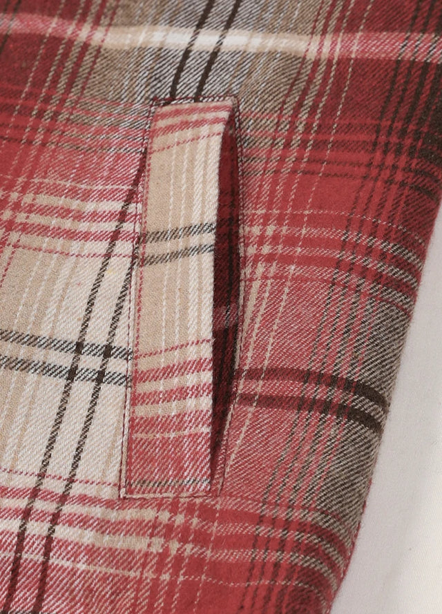 Detail view of kids red grey flannel plaid jacket pocket with button