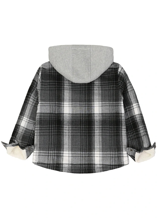 Back view of kids slate gray hooded flannel plaid jacket