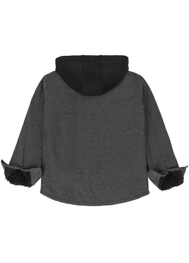 Back view of boy in a kids black hooded flannel jacket