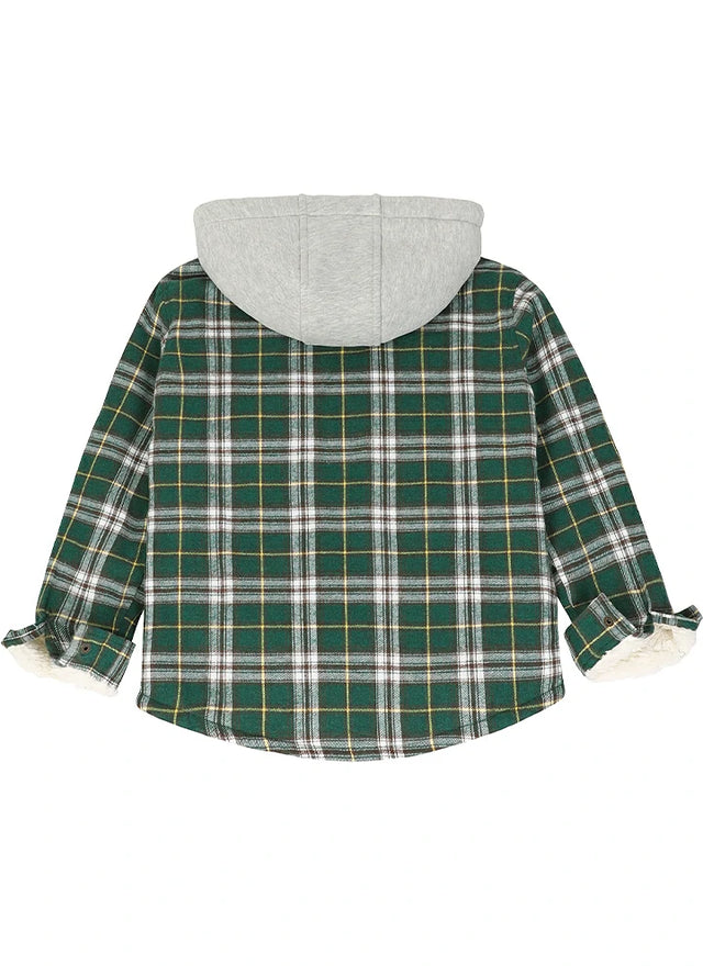 Back view of boy in a kids green white hooded flannel jacket