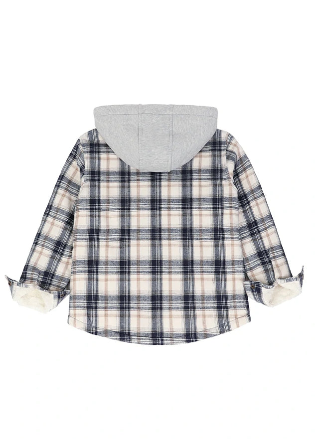 Back view of boy in a kids Navy Beige hooded flannel jacket