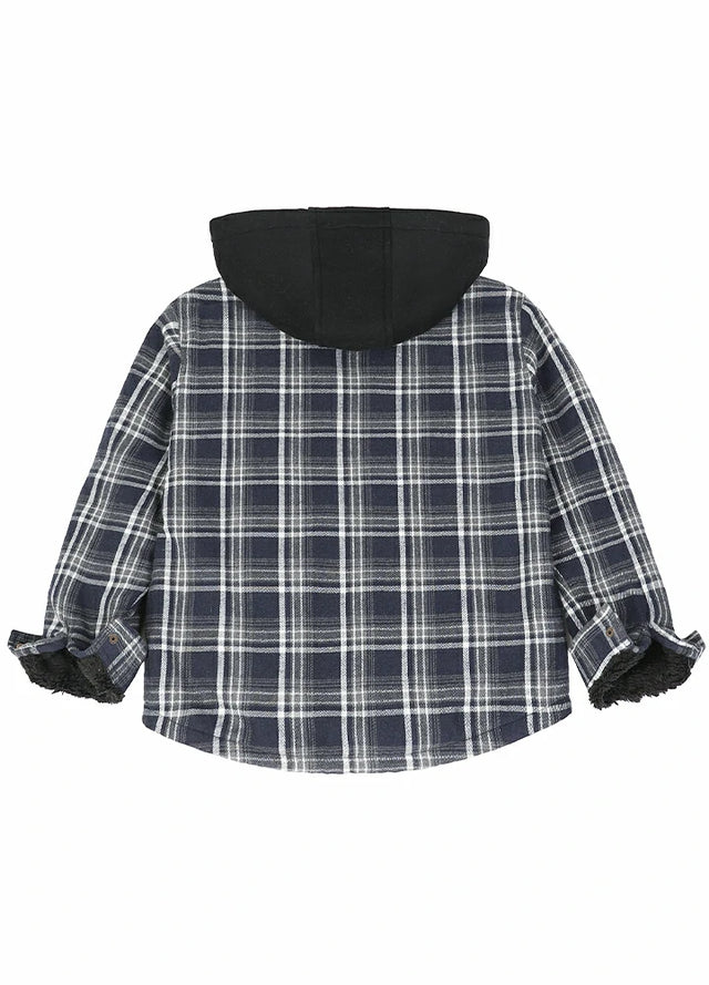 Back view of boy in a kids Navy White hooded flannel jacket