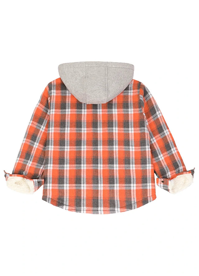 Back view of boy in a kids Orange Gray hooded flannel jacket